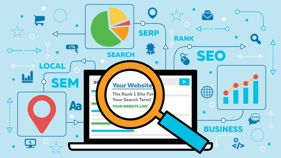 Illustration of SEO concepts with a magnifying glass highlighting a top-ranked website on a laptop screen.