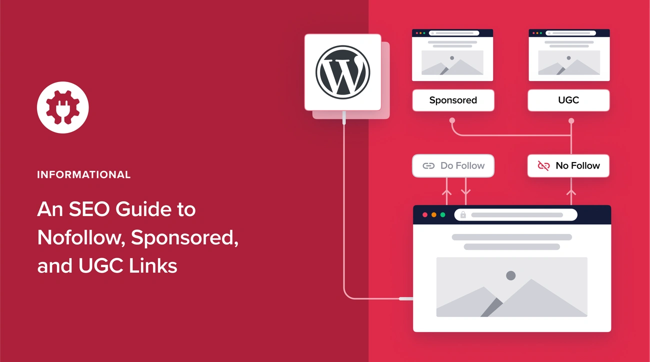 SEO guide illustrating the differences between Nofollow, Sponsored, and UGC links with WordPress integration.