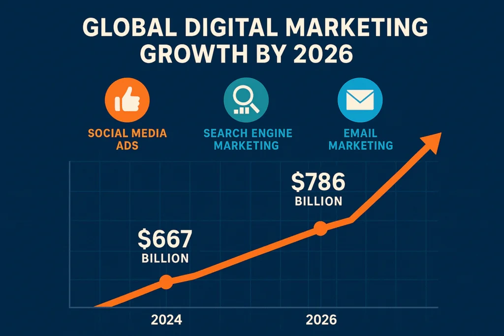 Global digital marketing growth projected to reach $786 billion by 2026, driven by social media, search, and email ads.