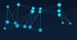 Red de backlinks y enlaces SEO representada con nodos azules conectados