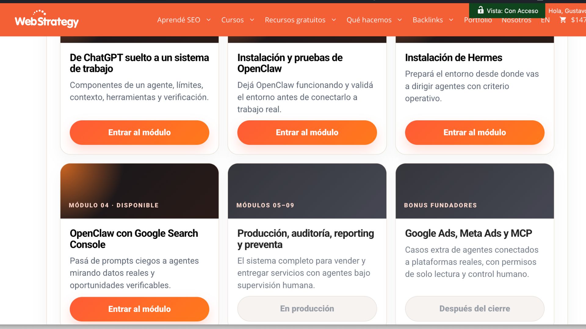 Tablero de módulos del curso