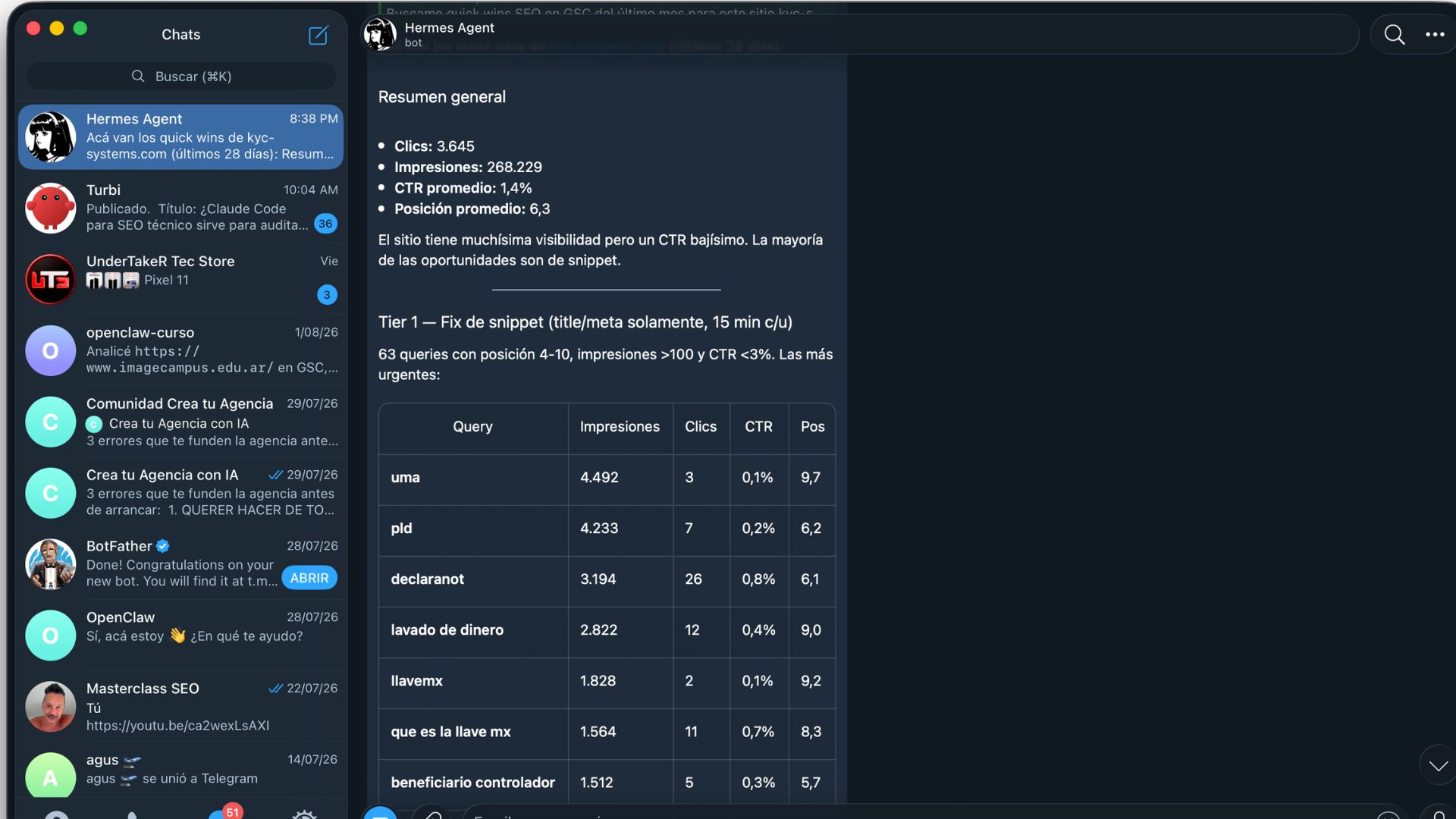 Agente detectando quick wins SEO desde Telegram