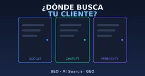 Dónde busca tu cliente: tres puertas de entrada, Google, ChatGPT y Perplexity, con una persona eligiendo