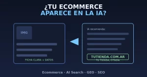 Ecommerce preparado para AI Search: ficha de producto clara, datos estructurados y cita de la tienda en una respuesta generada por IA