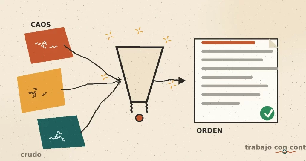 Ingeniería de contexto: recortes caóticos de información que entran a un embudo y salen como un documento limpio