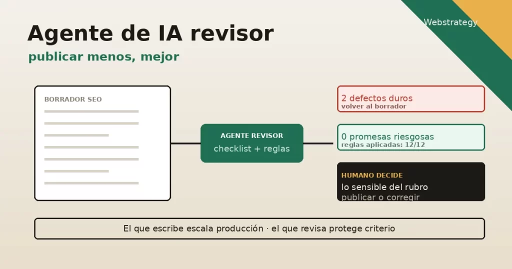 Agente de IA revisor controlando un borrador de contenido SEO con checklist editorial, enlaces y validación humana antes de publicar